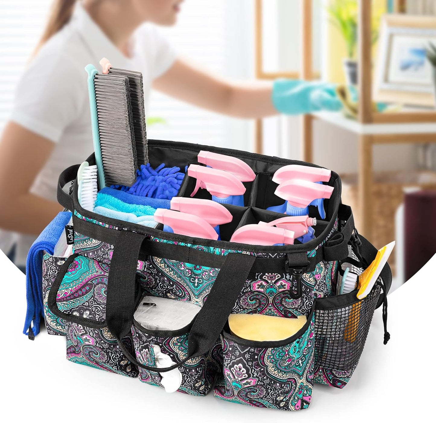 LoDrid Large Wearable Cleaning Caddy Bag with Detachable Divider, Cleaning Supply Tote Organizer with Handles and Adjustable Shoulder Strap for Cleaners & Housekeepers, Totem