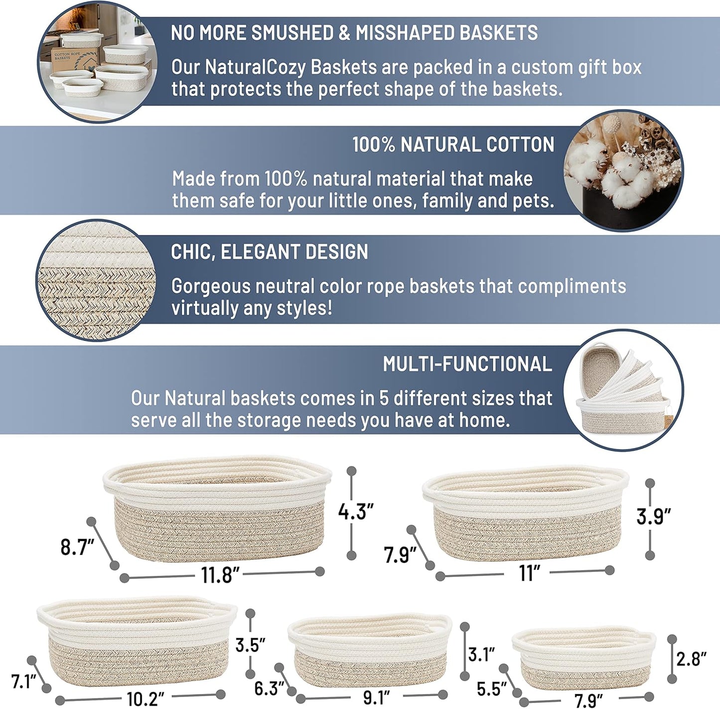 NaturalCozy 5-Piece Rectangle Storage Basket Set- Natural Cotton Rope Woven Baskets for Organizing! Small Basket for Montessori, Baby Nursery, Dog Toy Baskets, Cat Toy Box, Bathroom Organization Bin