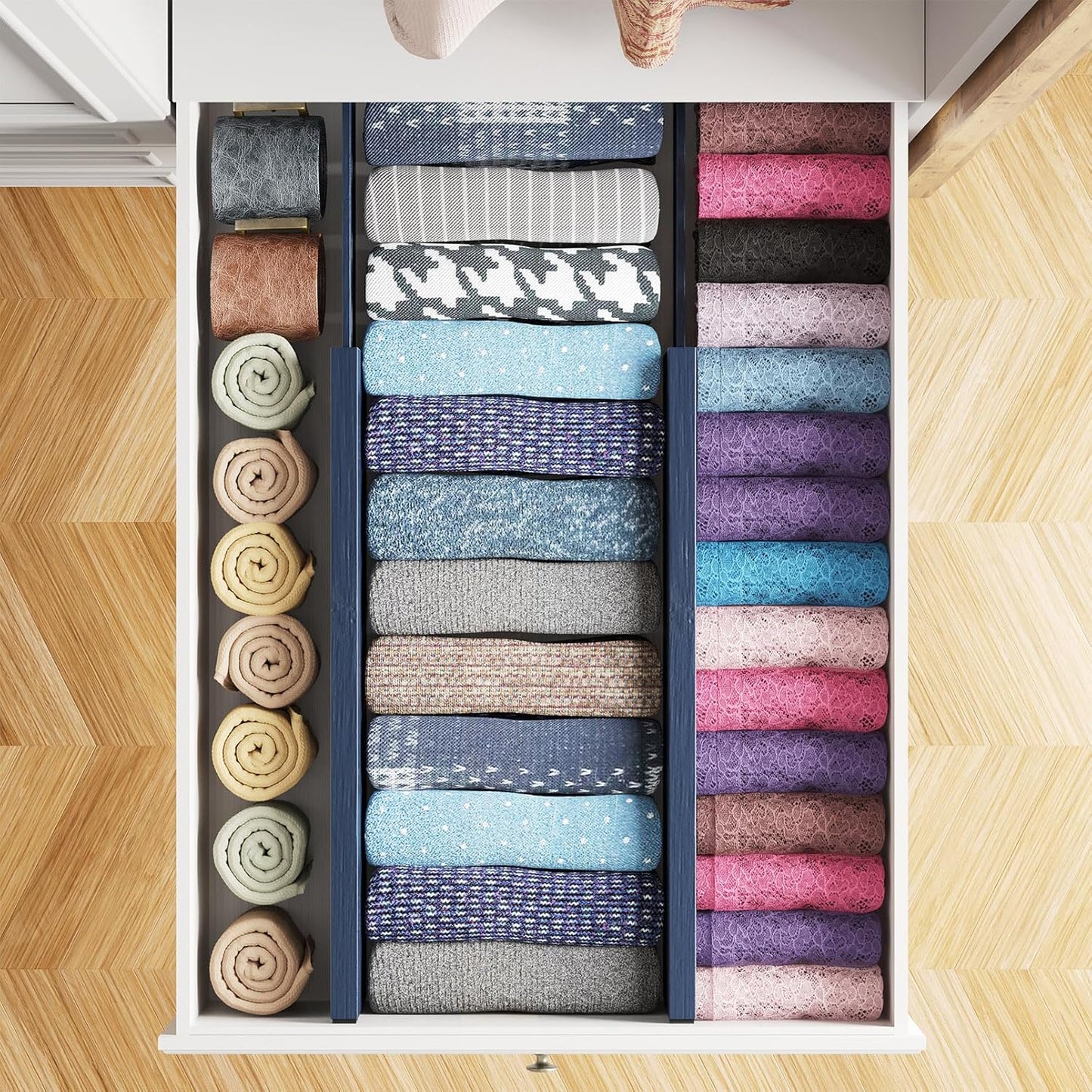 SpaceAid Bamboo 4 Pack Dresser Drawer Dividers, 4.65“ High Adjustable 17“-22” Drawer Organizers, Expandable Organization for Clothing, Clothes, Dressers, Navy Blue