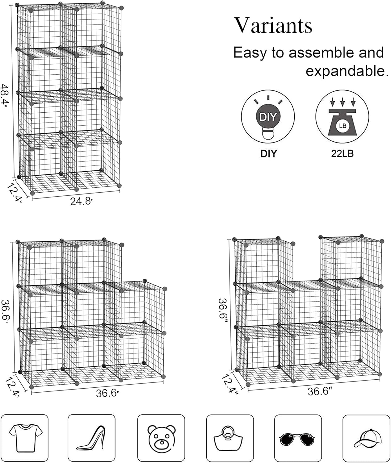 C&AHOME Wire Cube Storage, 8-Cube Organizer Metal C Grids Storage, Storage Bins Shelving, Modular Book Shelf, DIY Closet Cabinet Ideal for Living Room, Home, Office 24.8" L x 12.4" W x 48.4" H Black