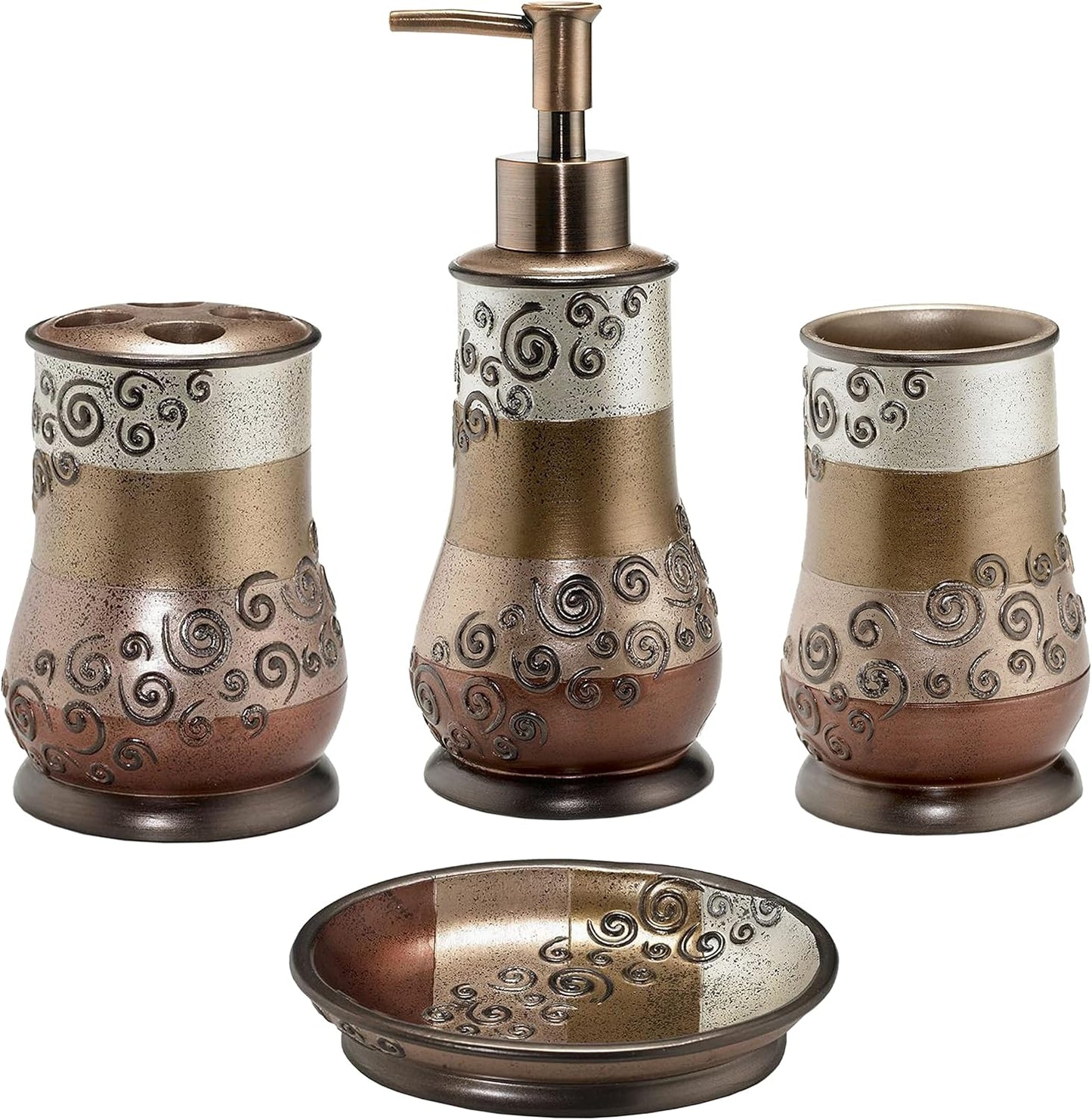 Zahari Home 4pc Miramar Bathroom Accessories Sets Lotion Pump, Tumbler, Tooth Brush Holder and Soap Dish Unique Design Multi Color Bathroom Set