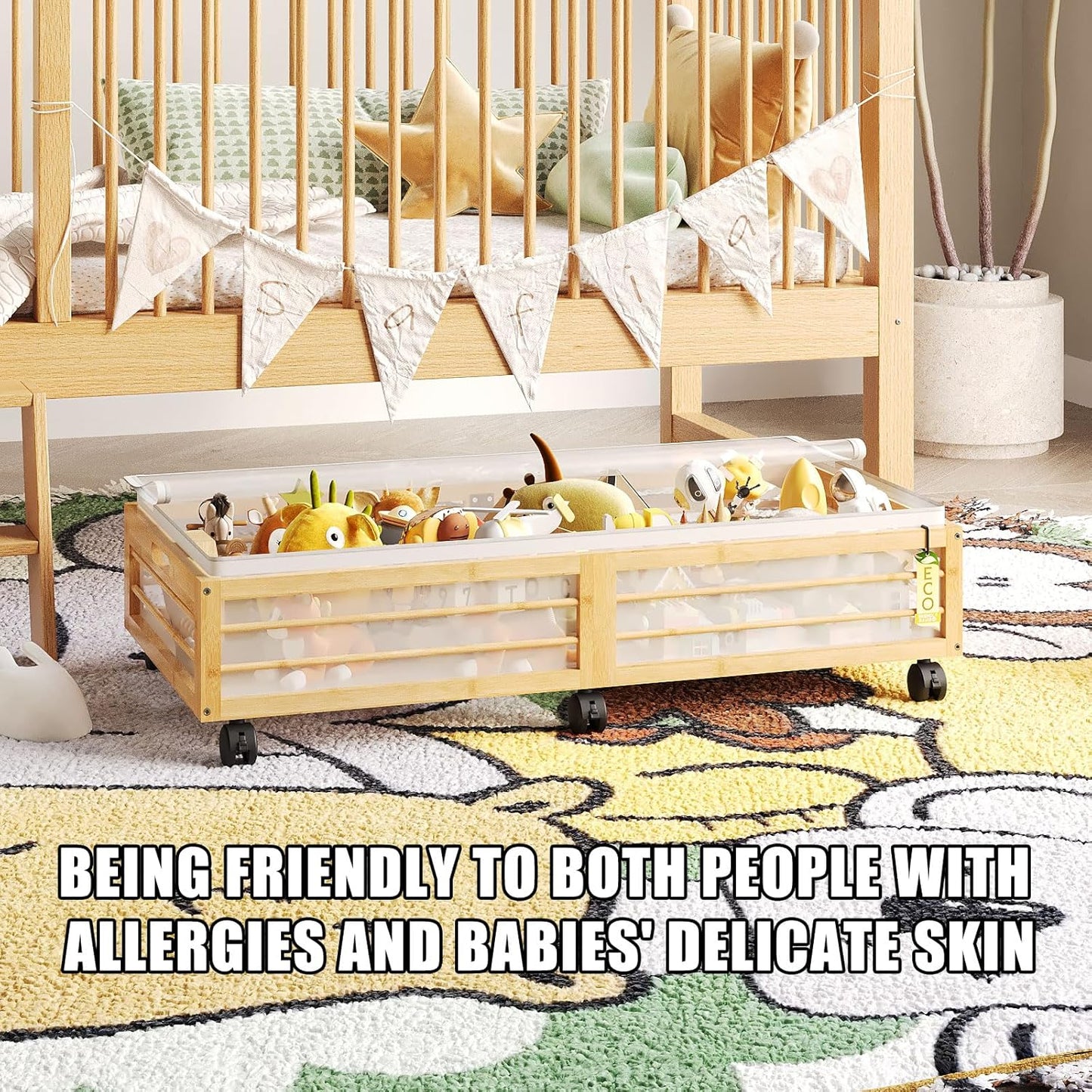 Under Bed Storage Containers with Wheels, Larger Bamboo Wood Under Furniture Storage Containers with Dust Bags，Rolling for Shoes Clothes