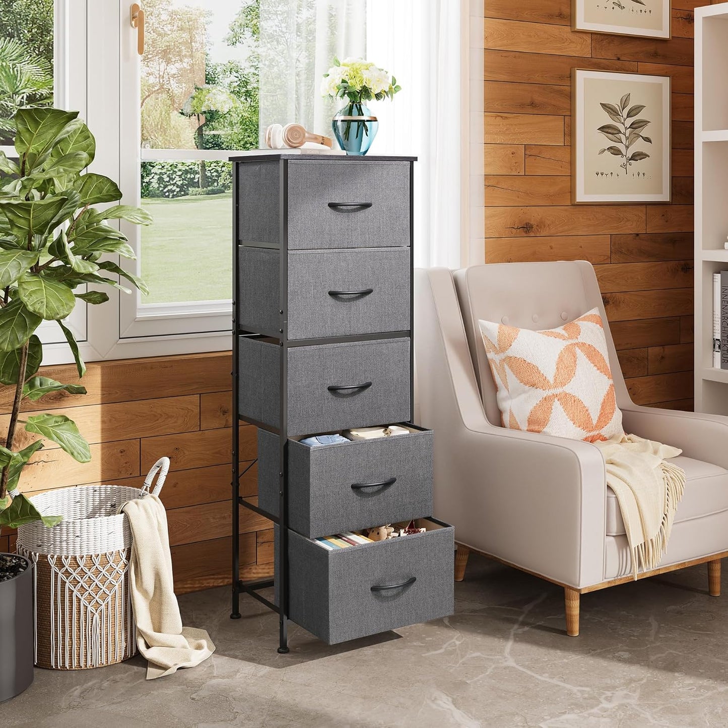 WLIVE Fabric Dresser, 5-Drawer Tall Dresser for Bedroom, Storage Dresser Organizer with Fabric Bins, Wood Top, Sturdy Steel Frame, Chest of Drawers for Closet, Hallway, Dark Grey