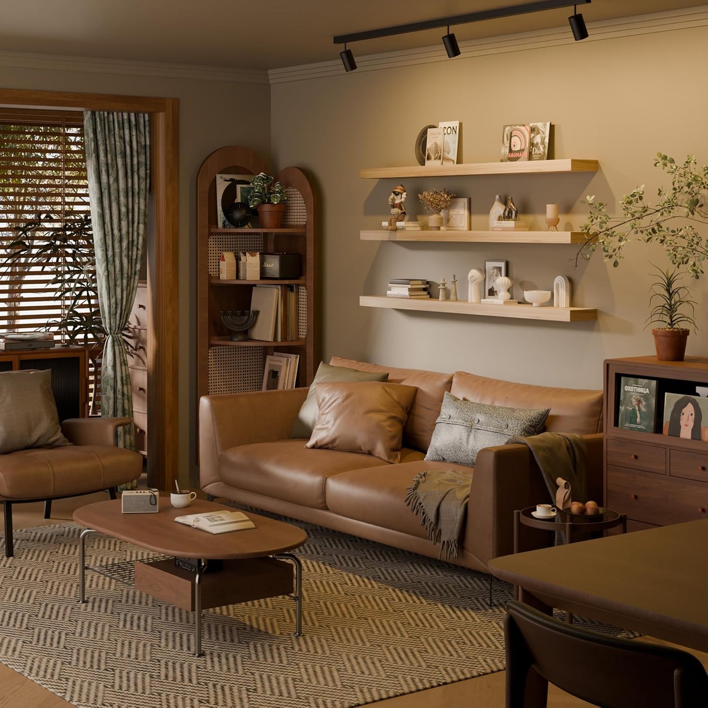 Floating Shelves for Wall, 72 Inch Extra Long Brown Wall Shelves, Set of 3, Hanging Invisible Brackets Floating Shelves for Living Room,Bedroom,and Kitchen (Light Brown, 3T72IN)