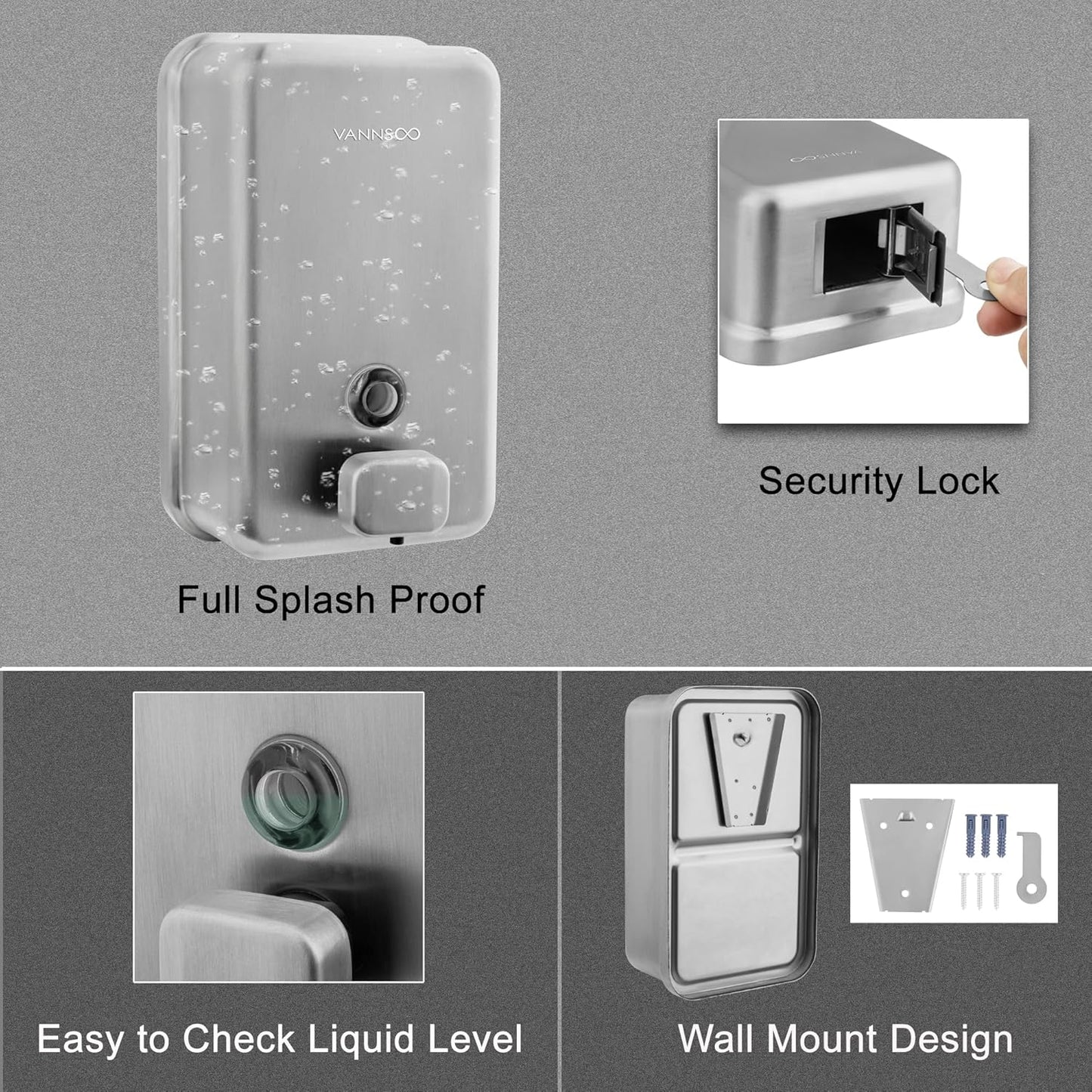 Wall Mounted Soap Dispenser Bathroom, 1100ml 37oz Commercial Stainless Steel Liquid Soap Dispenser Wall Mount (Vertical Brushed)