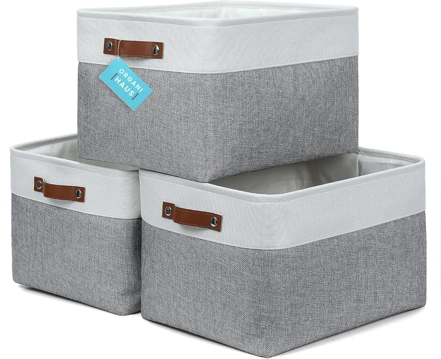 OrganiHaus Extra Large Fabric Storage Baskets for Shelves 3 Pack, 16x13in Closet Storage Bins for Shelves, Canvas Baskets for Organizing, Linen Closet Organizers, Cloth Basket, Gray/Off-White