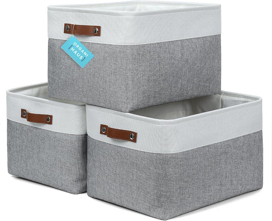 OrganiHaus Extra Large Fabric Storage Baskets for Shelves 3 Pack, 16x13in Closet Storage Bins for Shelves, Canvas Baskets for Organizing, Linen Closet Organizers, Cloth Basket, Gray/Off-White