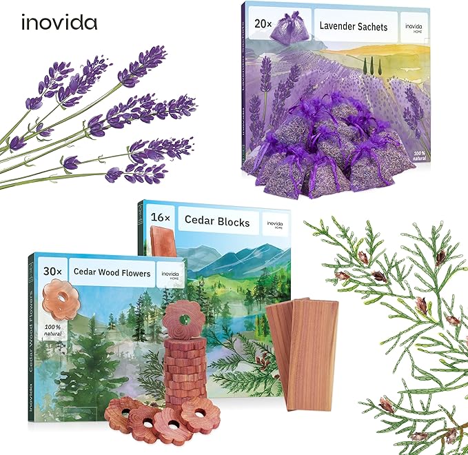 16 American Cedar Wood Blocks – Stop Clothes Damage - Wardrobe Freshener – Premium American Cedarwood Flowers for Fresh Scent in Drawers and Closets - Inovida
