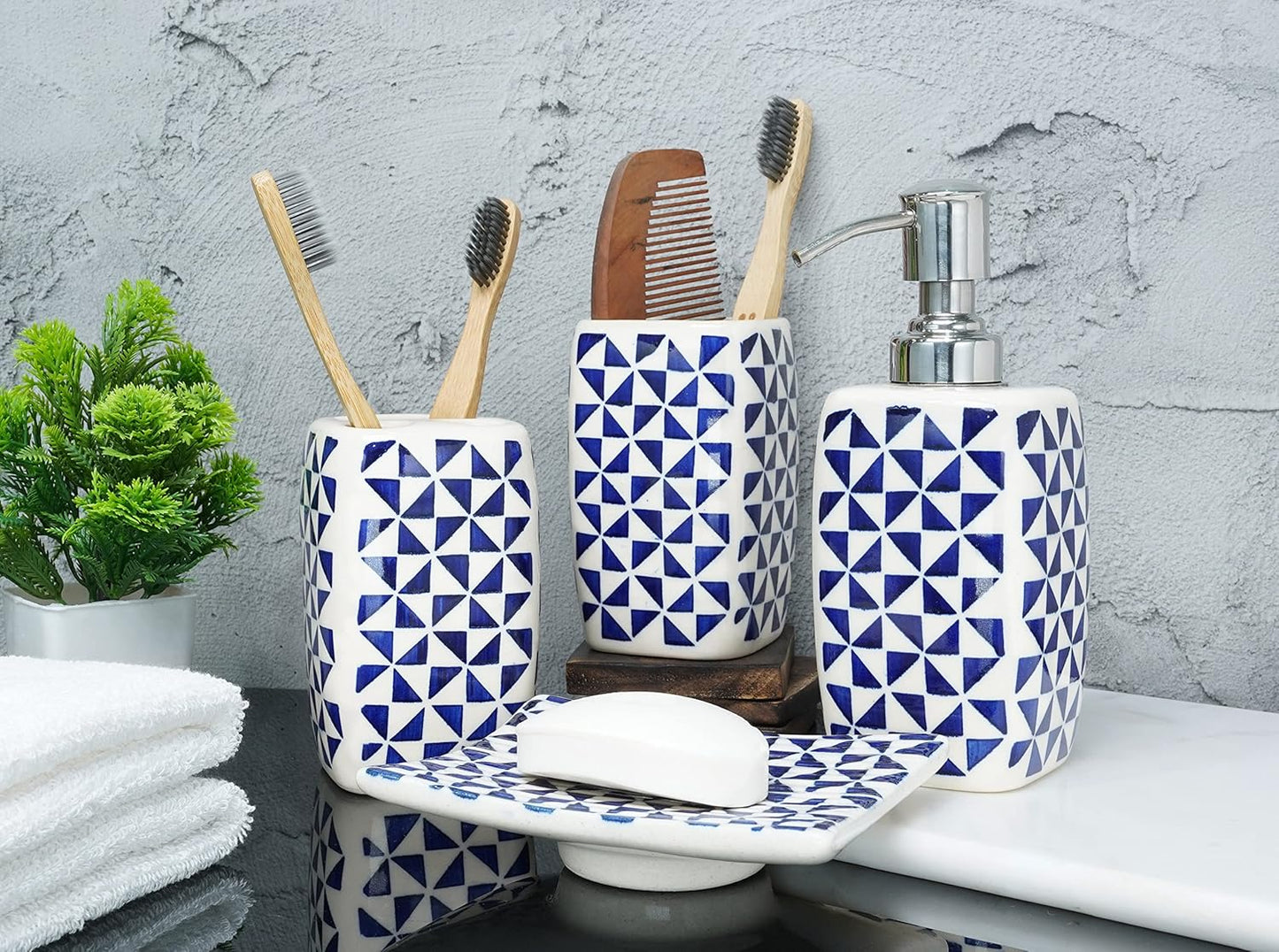 Crocon Handmade Ceramic Bathroom Accessories Set of 4 Soap Dispenser Toothbrush Stand Soap Dish/Tray Tumbler Home Decoration Bathroom Countertop Vanity Organizer Complete Bath Luxury Accessory