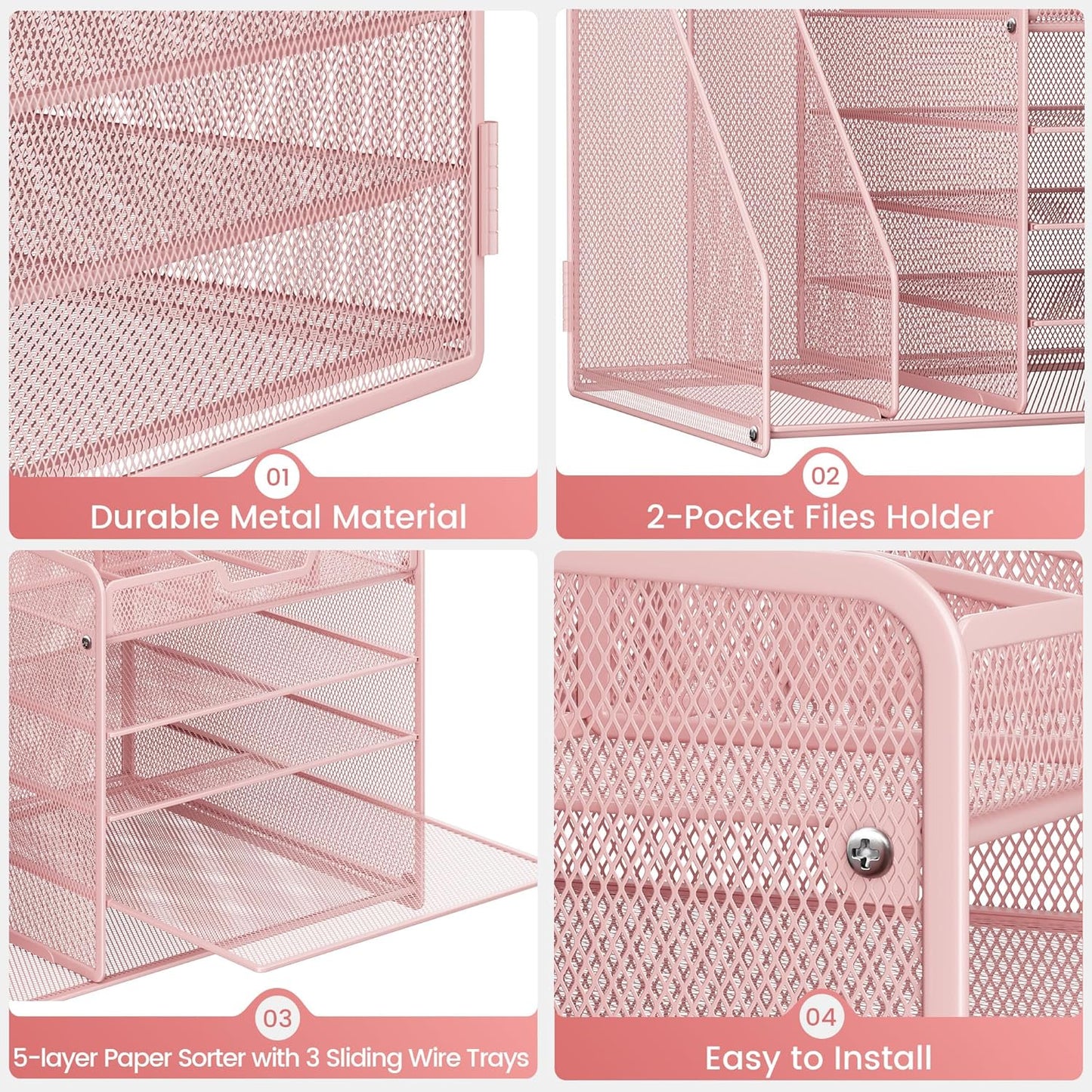 Lavatino 5-Tier Desk Organizer with 2 File Holders, Metal Adjustable Paper Letter Tray for Office or Home Desk Organizers and Accessories | 7 Flexible Dividers Keep Workspace Supplies Neat, Pink