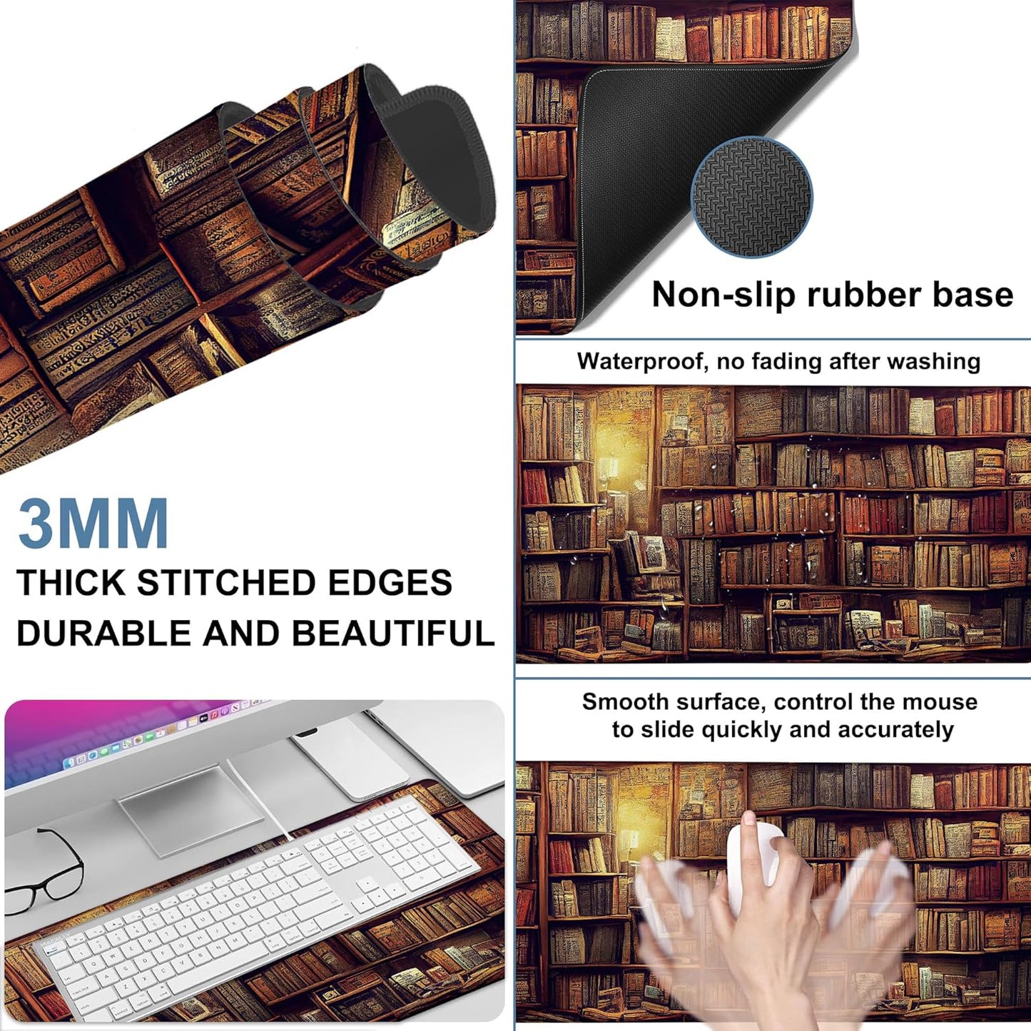 Gaming Desk Pad Large Extra Length Retro Bookshelf Mouse Pad Keyboard Laptop Non-Slip Waterproof with Rubber Base Thick Stitched Edge Mouse Mat for Office Home 35.4 x 15.7 Inches