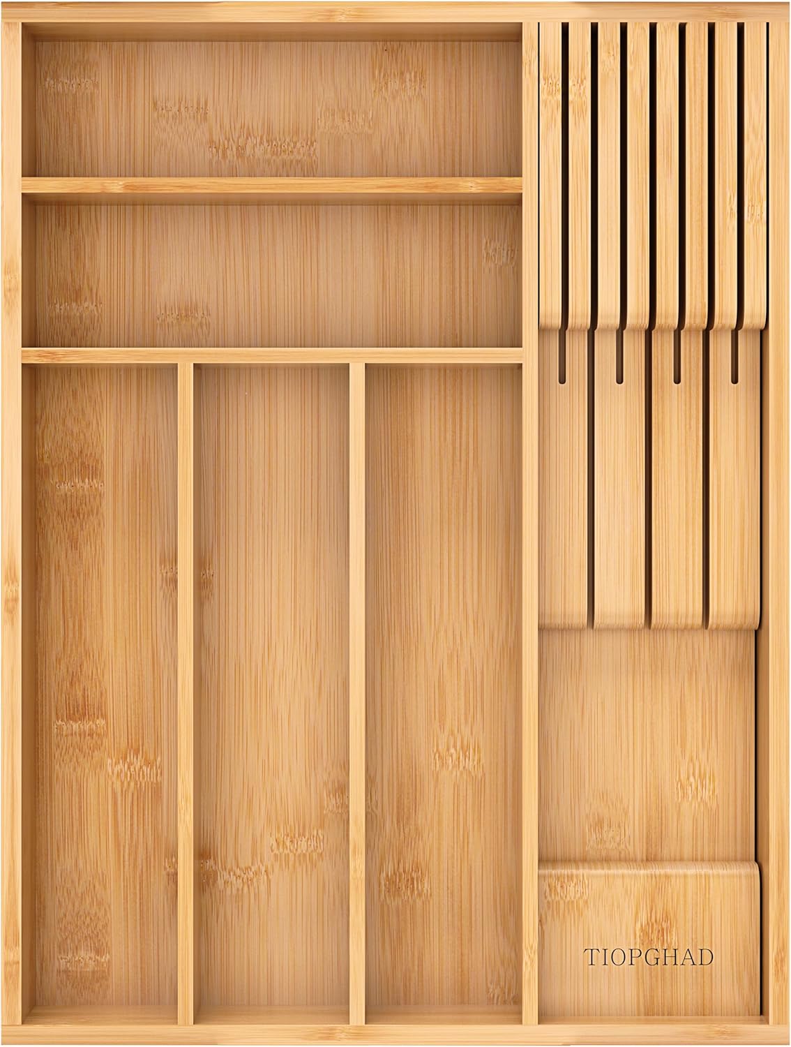 Small-Bamboo-Silverware-Drawer-Organizer, Expandable Utensil Kitchen Cutlery Tray Flatware Organization Adjustable Wood Tableware Dividers Storage (with Removable Knife Block)(Natural)