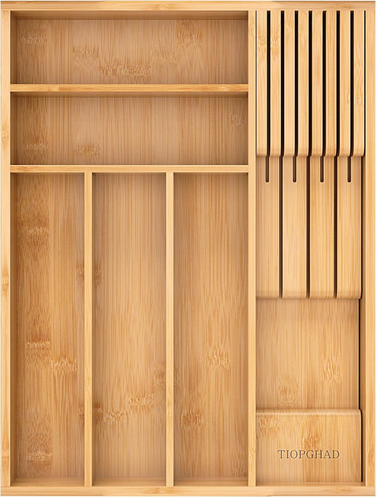 Small-Bamboo-Silverware-Drawer-Organizer, Expandable Utensil Kitchen Cutlery Tray Flatware Organization Adjustable Wood Tableware Dividers Storage (with Removable Knife Block)(Natural)