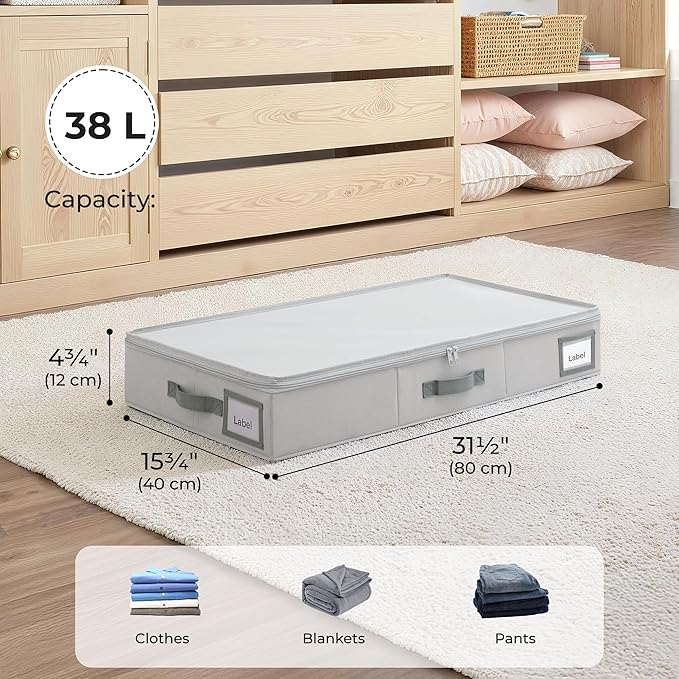 GRANNY SAYS Under Bed Storage, Underbed Organizer with Zipper Lid for Bedroom, Grey Clothing Storage Bins for Blankets, Clothes, Shoes, 2 Pack
