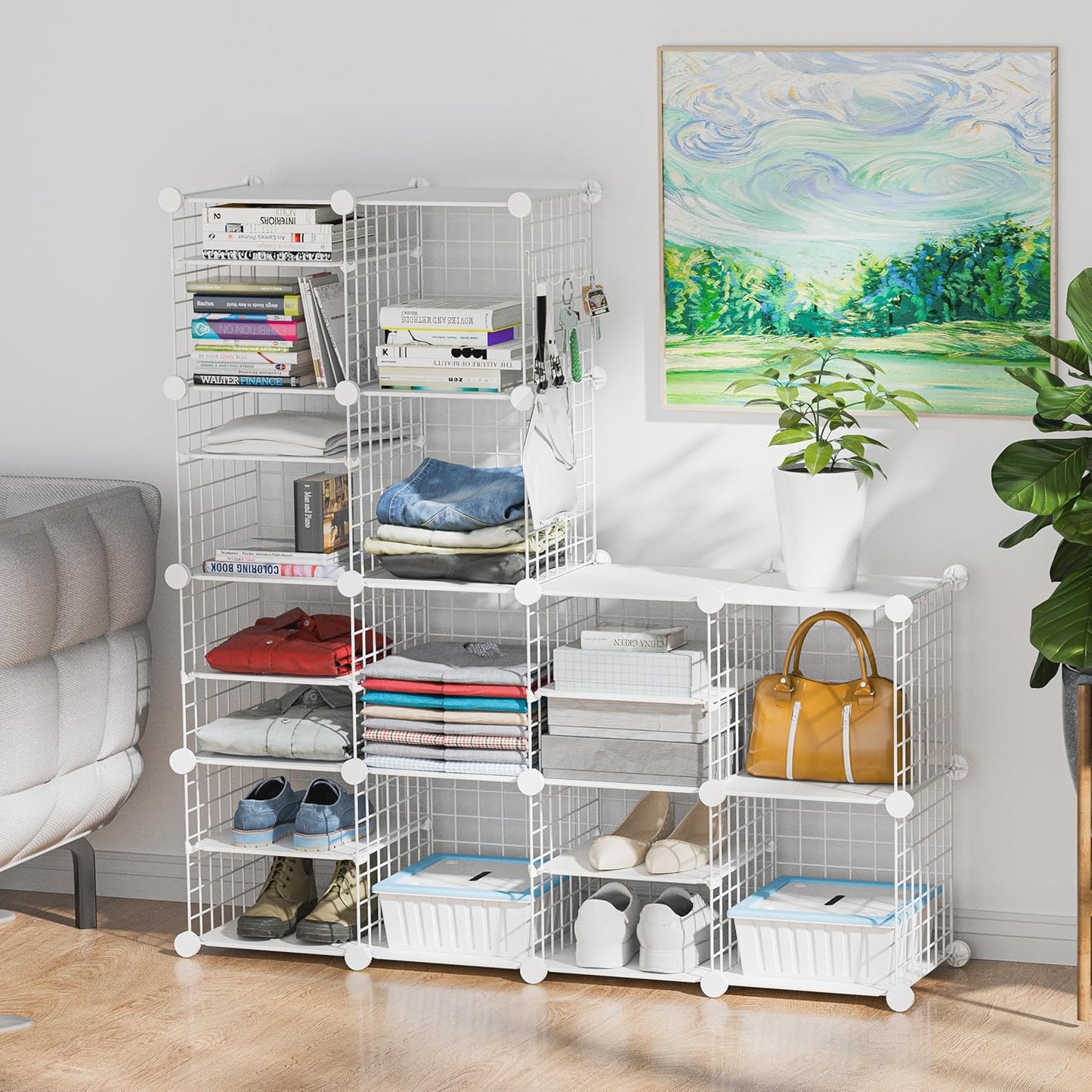 Wire Cube Storage Organizer, 12 Cubes Converted into 14 Cubes, Sturdy Metal Grids Storage Shelf Closet Shelving Units and Storage, Shelves for Bedroom LIvingroom Office