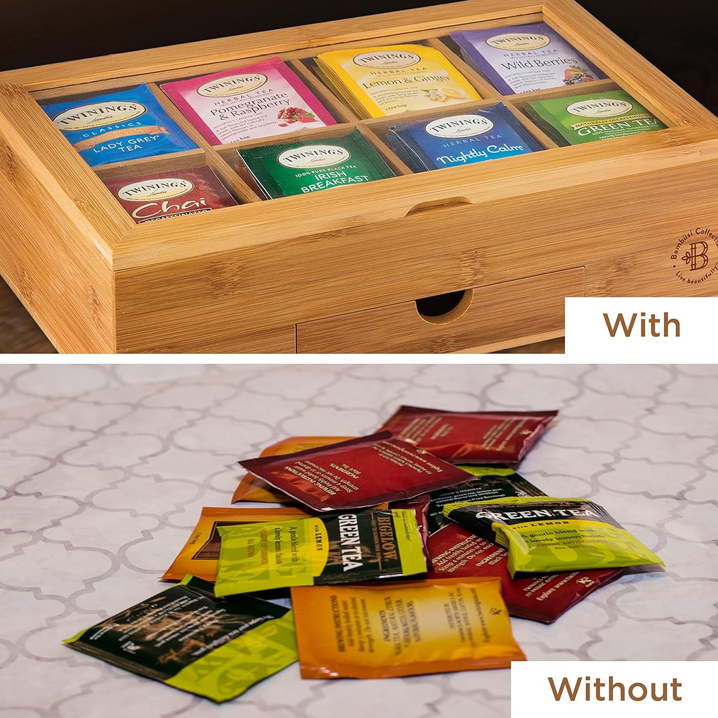 Tea Bag Organizer - Bamboo Tea Box Organizer Storage Box, Tea Bag Holder with Drawer & Acrylic Window, Magnetic Lid Keeps Tea Bags Fresh - Tea Organizer Caddy (Tea Not Included) Ideal Christmas Gifts