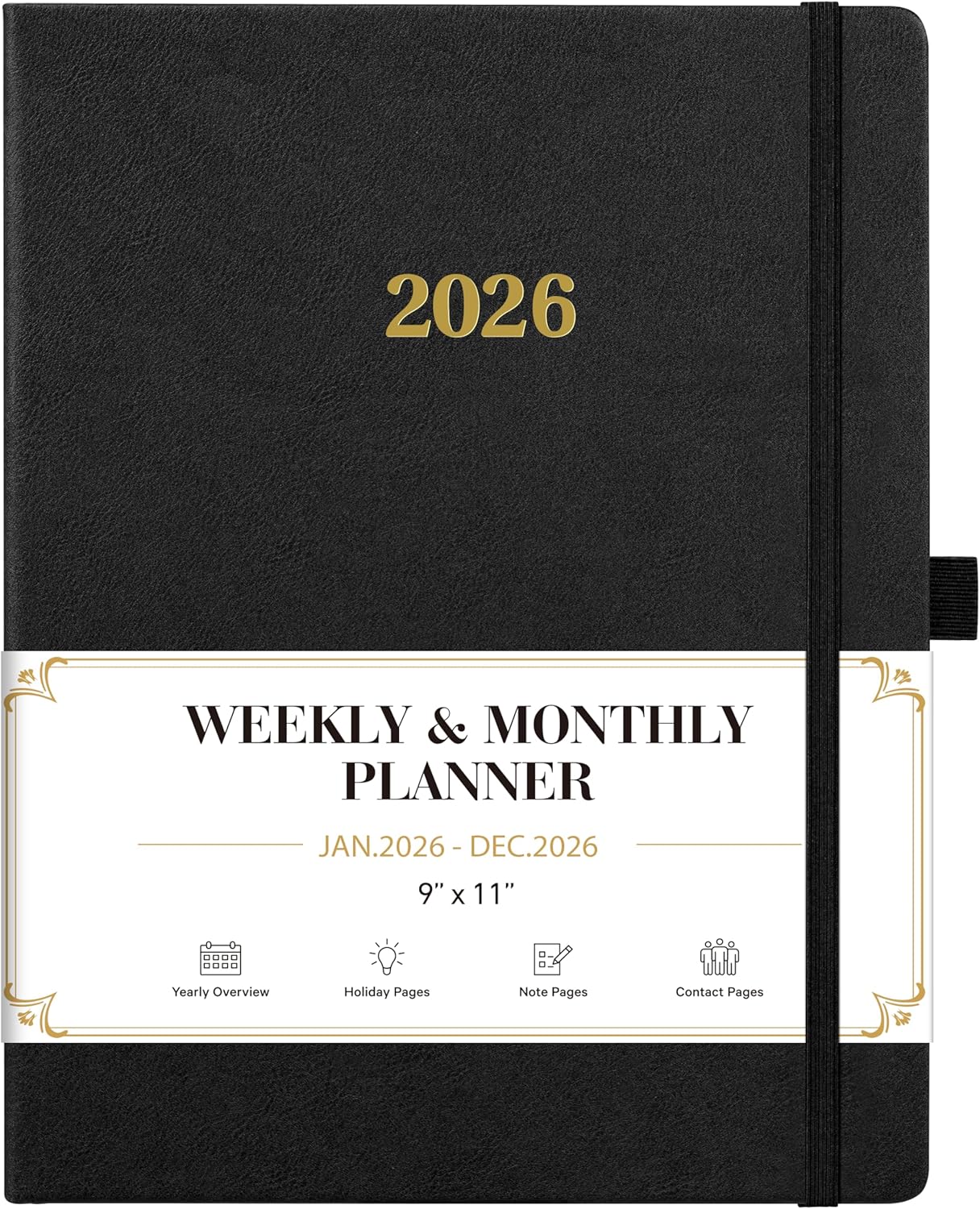 2026 Planner - Weekly and Monthly Planner 2026, Jan.2026 - Dec.2026, 9" x 11", 2026 Calendar Planner with Inner Pocket + Bookmarks+ Leather Hardcover, Black