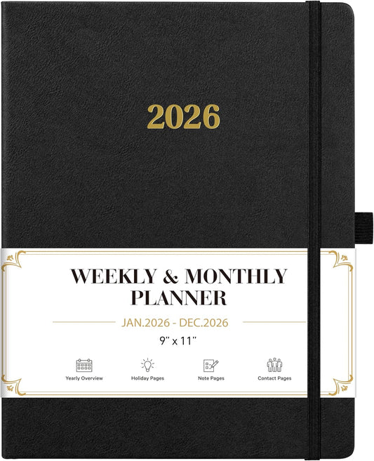 2026 Planner - Weekly and Monthly Planner 2026, Jan.2026 - Dec.2026, 9" x 11", 2026 Calendar Planner with Inner Pocket + Bookmarks+ Leather Hardcover, Black
