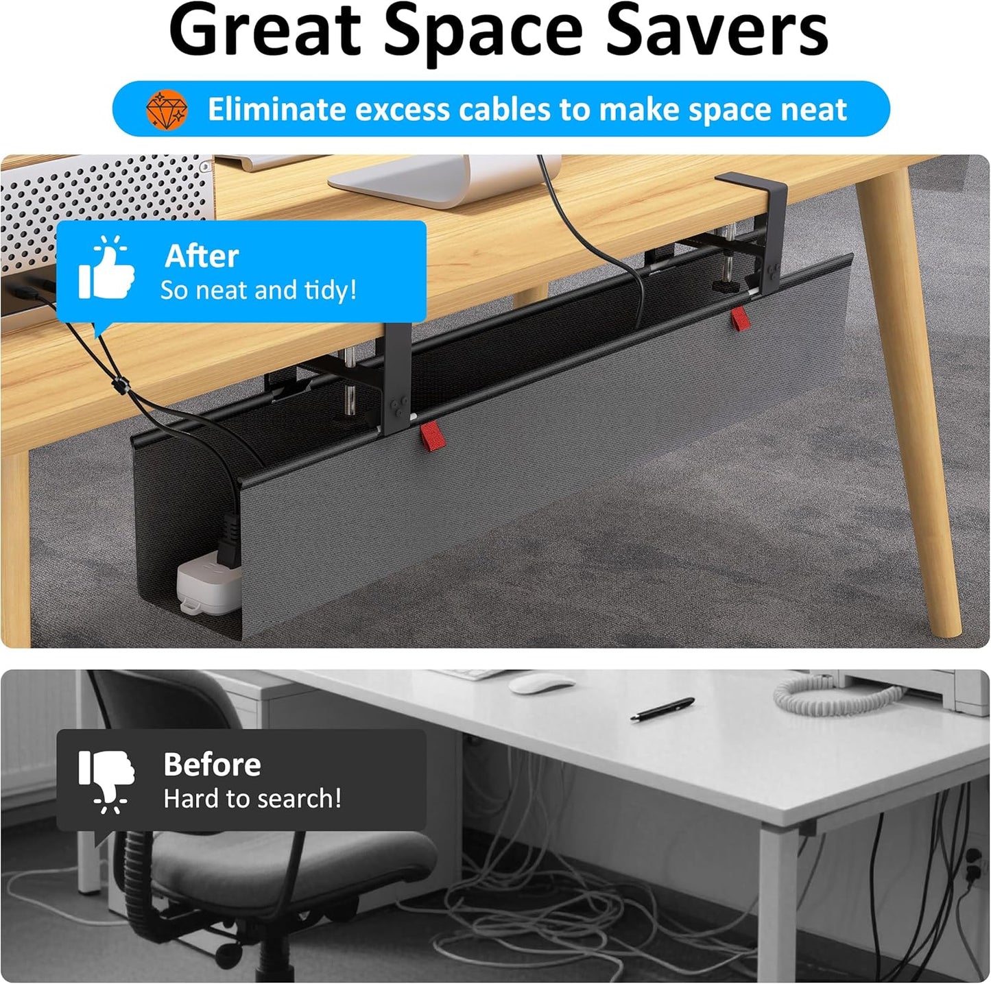 Under Desk Cable Management Tray - Under Desk Cord Management - Clamp/Screw Mount - Fabric Wire Management - Cable Raceways Tray Cord Hiders for Office/Home (Black, 35.8"×5.6")