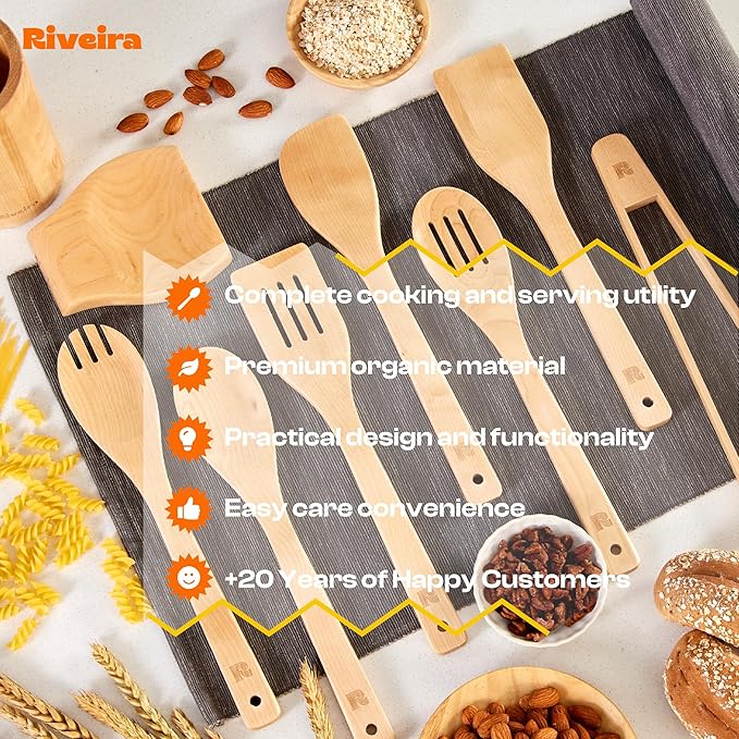 Riveira Maple Wooden Cooking Utensils Set of 9 Premium Quality Non-Toxic Wooden Spoons & Spatulas for Cooking, Stirring, Serving & Flipping