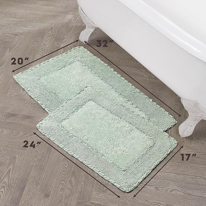 Laura Ashley Ruffle Border 100% Cotton Bath Rug Set, Sage Green, 17" x 24"/ 20" x 32"