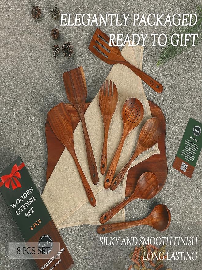100% Natural Teak Wood Wooden Utensil Set – 8 Pcs Durable Kitchen Spoons for Cooking – Non-Stick & Heat Resistant, Eco-Friendly & Comfortable Grip