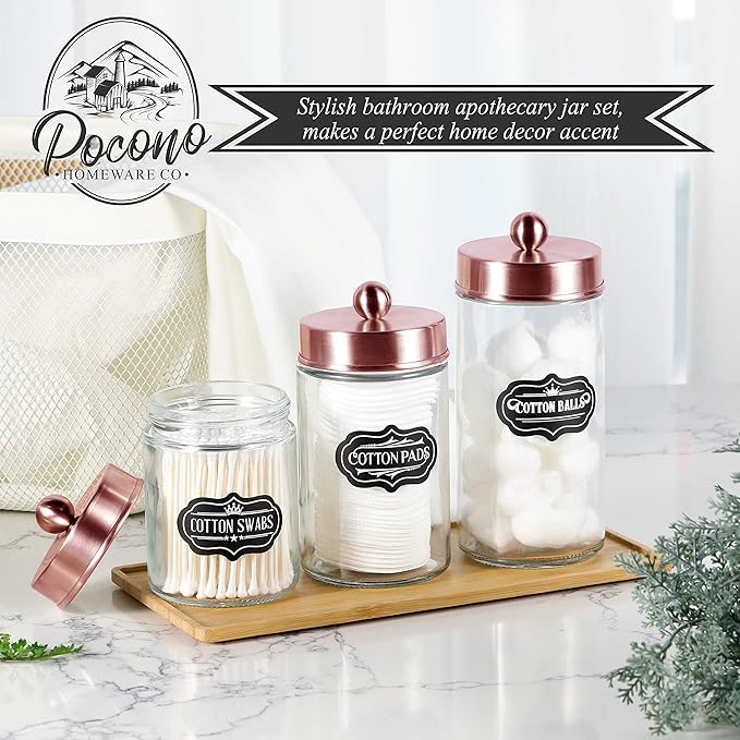 Apothecary Jars 3 Pack - Glass Bathroom Containers with Stainless Steel Lids - Rustic Farmhouse Decor Bathroom Accessories, Vanity Organizer Apothecary Jars for Qtip/Cotton Balls (Rose Gold)