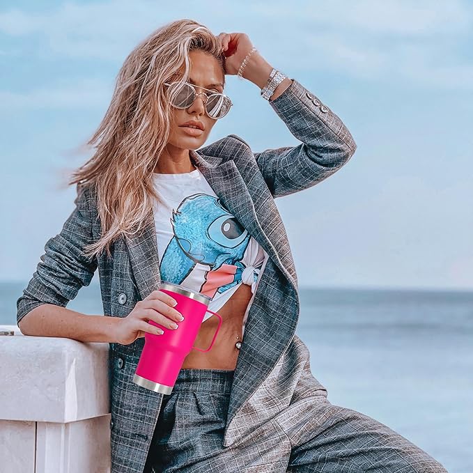 20 oz Tumbler with Handle and Lid, Stainless Steel Tumbler Insulated Travel Coffee Mug, Spill Proof Double Wall Vacuum Tumbler Cup Keep Drink Hot & Cold, Hot Pink, 12 Pack