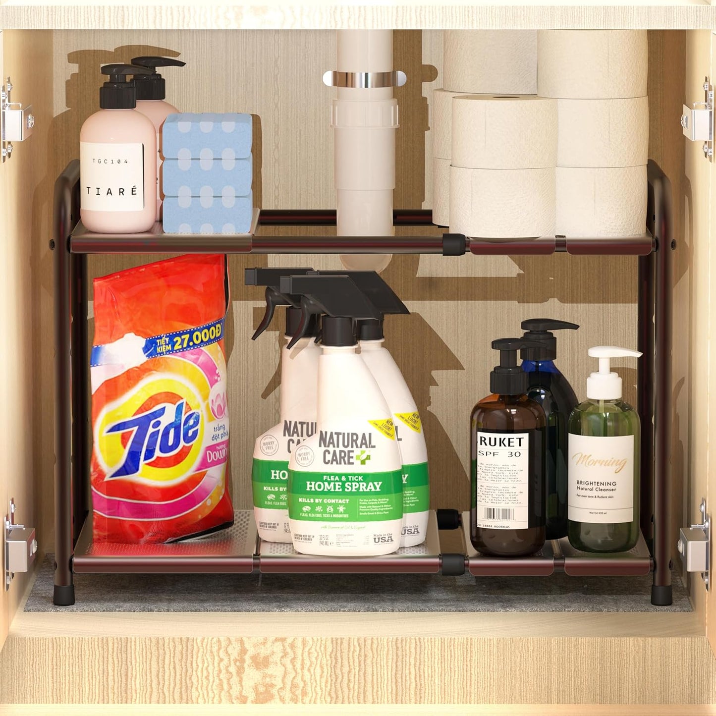 Simple Houseware Under Sink 2 Tier Expandable Heavy Duty Metal Shelf Organizer Rack, Bronze (Expand from 15 to 25 inches)