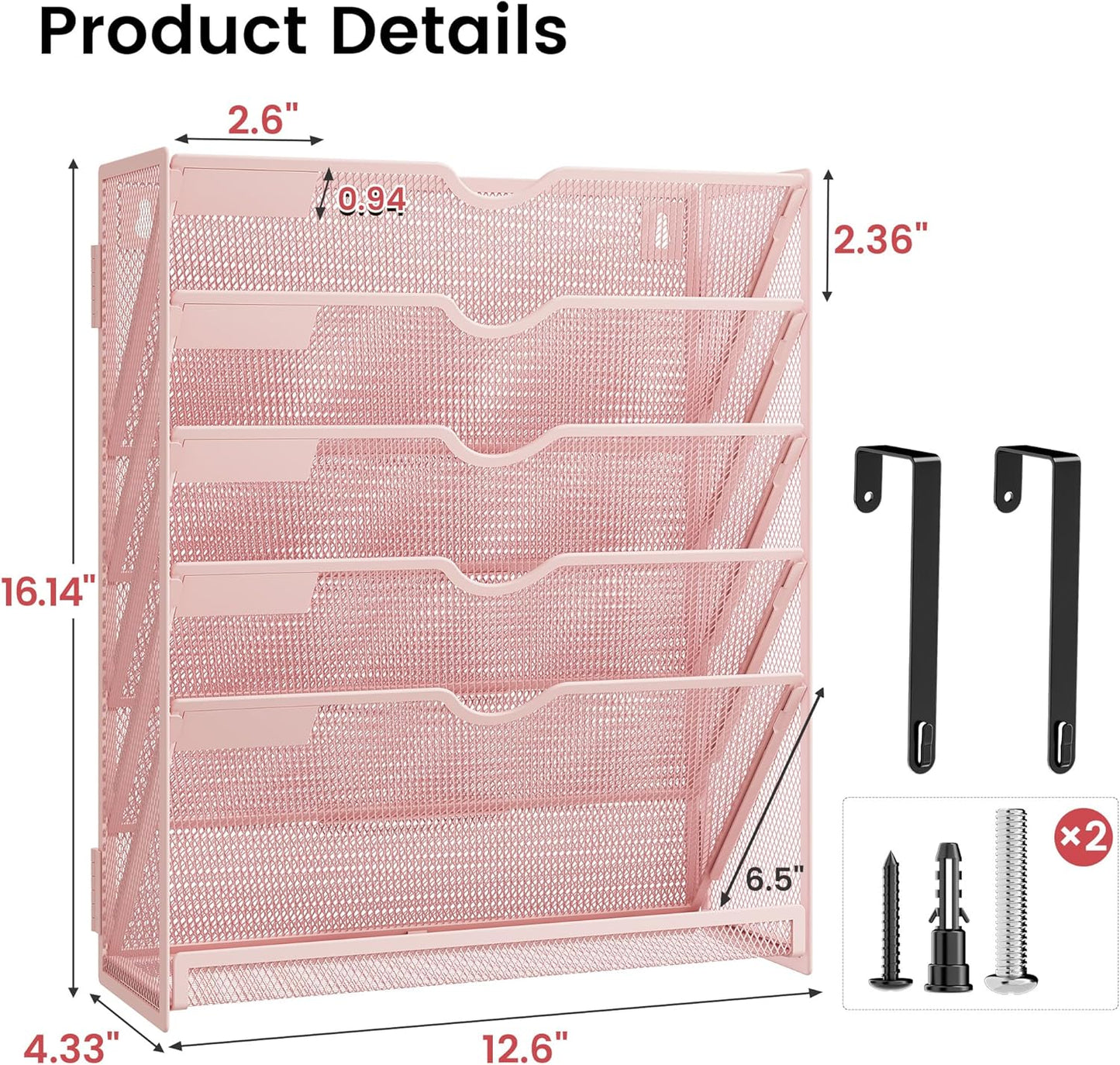 Hanging Wall File Organizer for Wall Mounted Mail Paper Folder Holder Document Organization Stand Desk File Organizer Tray for Office & Home Cubicle Countertop 6 Tier Pink