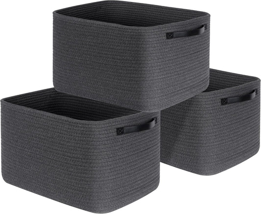 MINTWOOD Design 3-Pack Decorative Woven Storage Baskets for Shelves, Cube Bin Box for Organizing Books, Shoes, Dog Toys, Pantry Closet and Living Room Organizer, Charcoal / Black