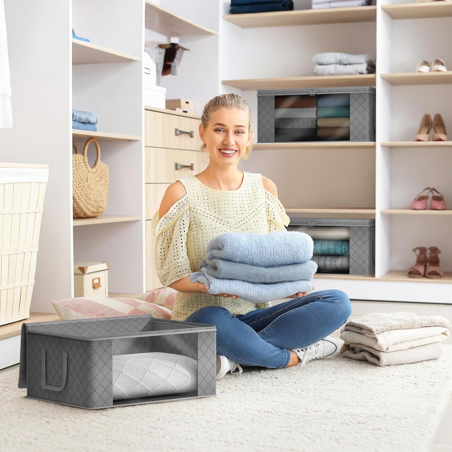 Sorbus Medium Clothes Storage Bags - Foldable Blanket Storage Bins for Organizing Bedroom, Closet, Clothing, Comforter, Organization with Clear Window, Lids and Carry Handles - Set of 3