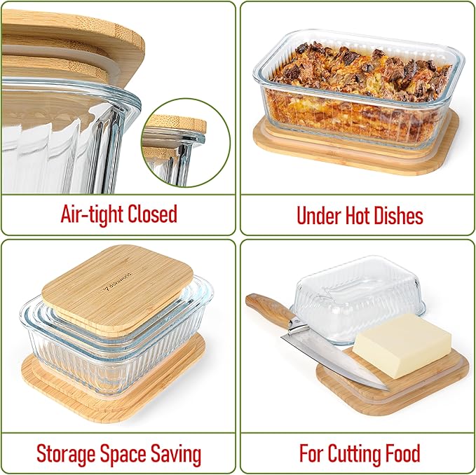 Ribbed Glass Tupperware Set with Bamboo Lids - 4 Stackable Meal Prep Containers. Durable heat resistant Inert Borosilicate Glass