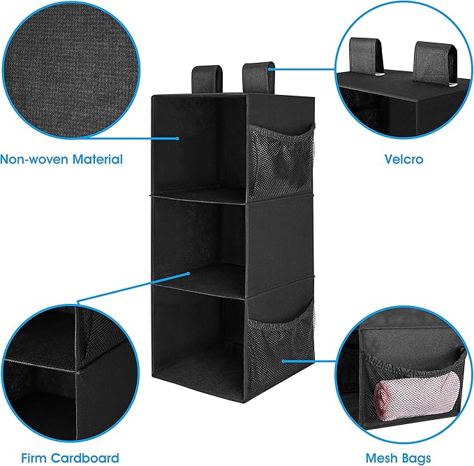 MAX Houser 3-Shelf Hanging Closet Organizer, Hanging Sweater Organizer, Foldable Hanging Shelves for Closet with 2 Velcro, Black