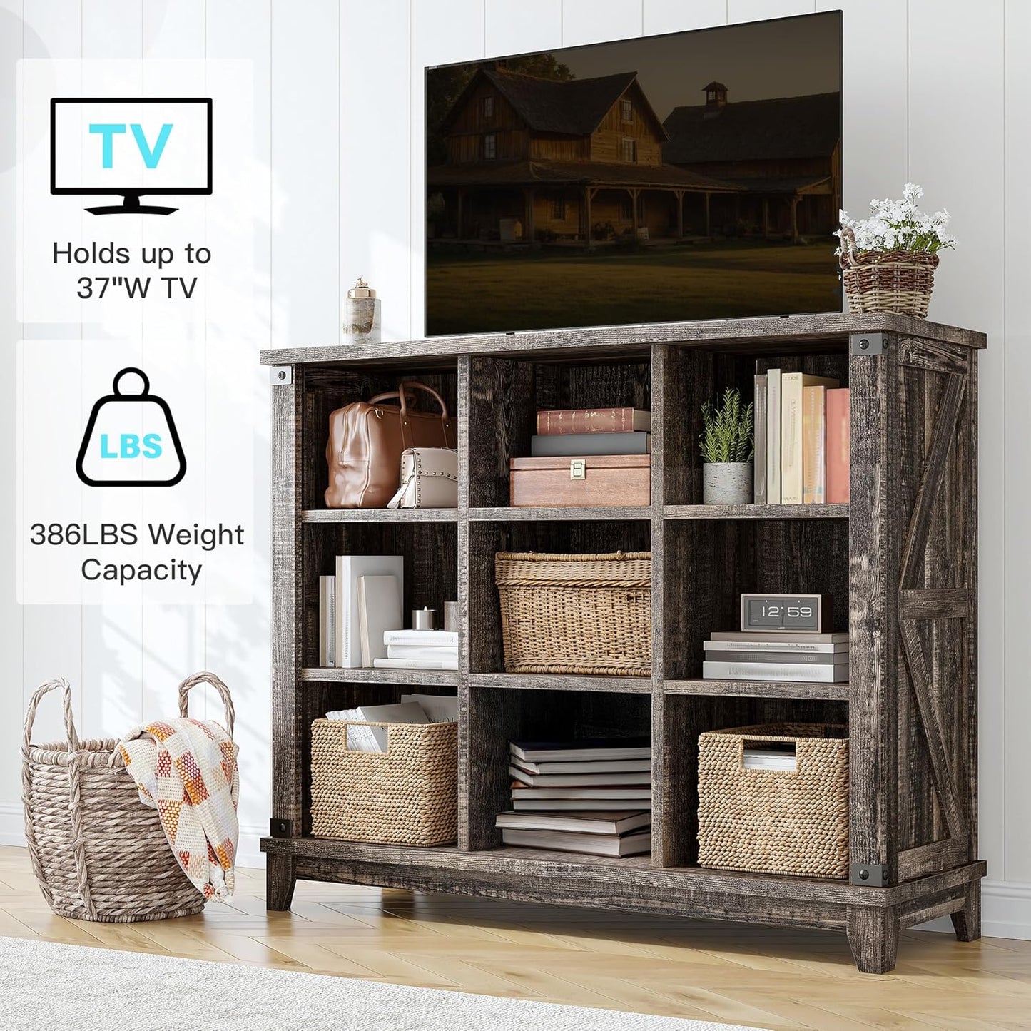 EnHomee 9 Cube Storage Organizer and Shelves, Cubby Storage Organizer, Bookshelves with Storage for Home and Bedroom, Black Oak