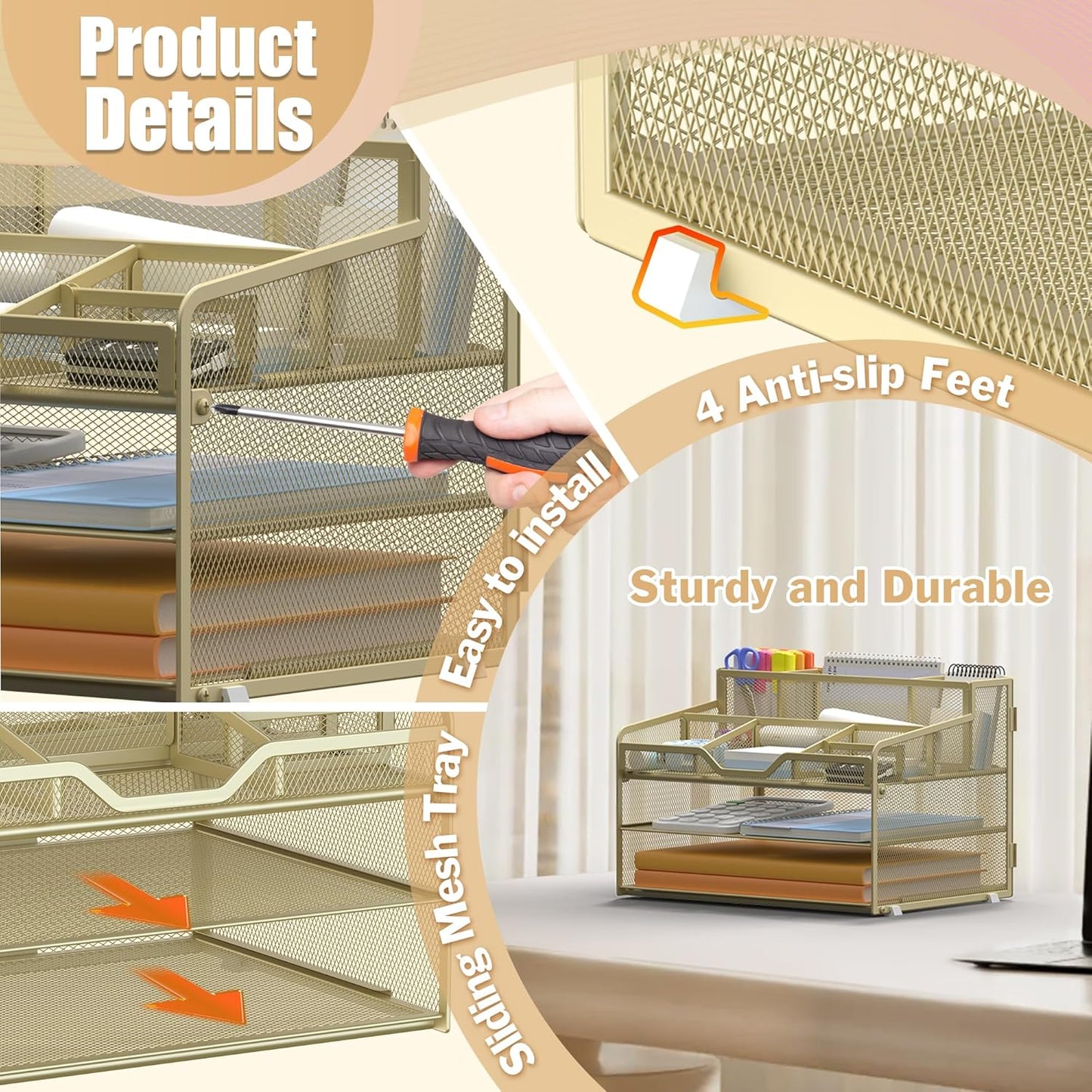 Docnest 3 Tier Mesh Desk Organizer for Paper Office Supplies – Multi-Functional Letter Tray with 5 Adjustable Compartments, 3 Pen Holders, Desktop Storage for Files, Mail, Stationery – Gold Yellow