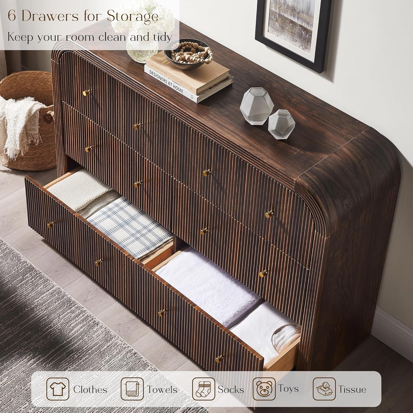 T4TREAM Fluted 6 Drawers Dresser for Bedroom, 54" Wide Modern Chest of Drawers with Thickened Curved Profile Design, Wood Dressers TV Stand for Bedroom, Living Room, Hallway, Dark Walnut
