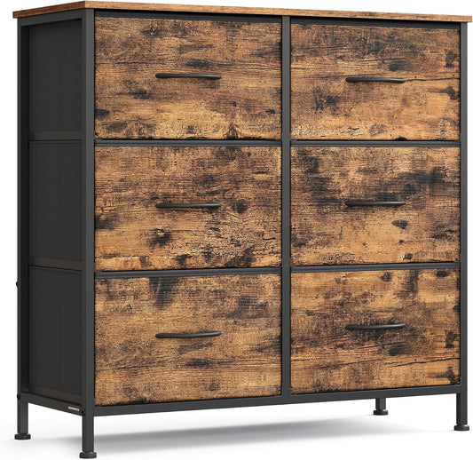 SONGMICS Dresser for Bedroom, Chest of Drawers, TV Stand, Steel, MDF, 6 Non-Woven Fabric Drawers, Storage Organizer Unit, Closet, Entryway, Rustic Brown and Ink Black ULGS123B02S