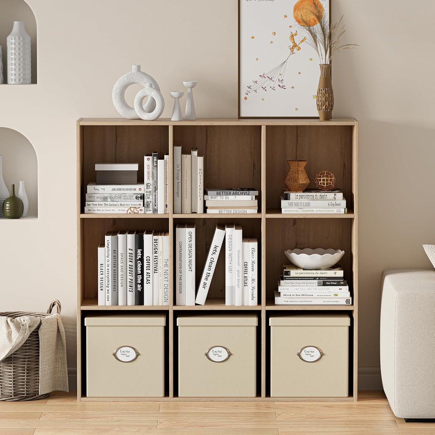 Wooden Storage Organizer with Closed Back Panel, 11in Cube Shelf Opening, Bookshelf, Display Shelf,Closet Cabinet for Home and Office (White Oak, 9-Cube 35.98L*9.45W*35.91H)