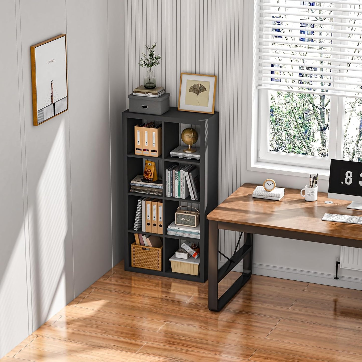 Bookshelf with Storage Bin, 12-Cube Storage Organizer, Modern Wood Open Bookcase, Multifunctional Display Shelf for Living Room, Bedroom, Home Office, Black