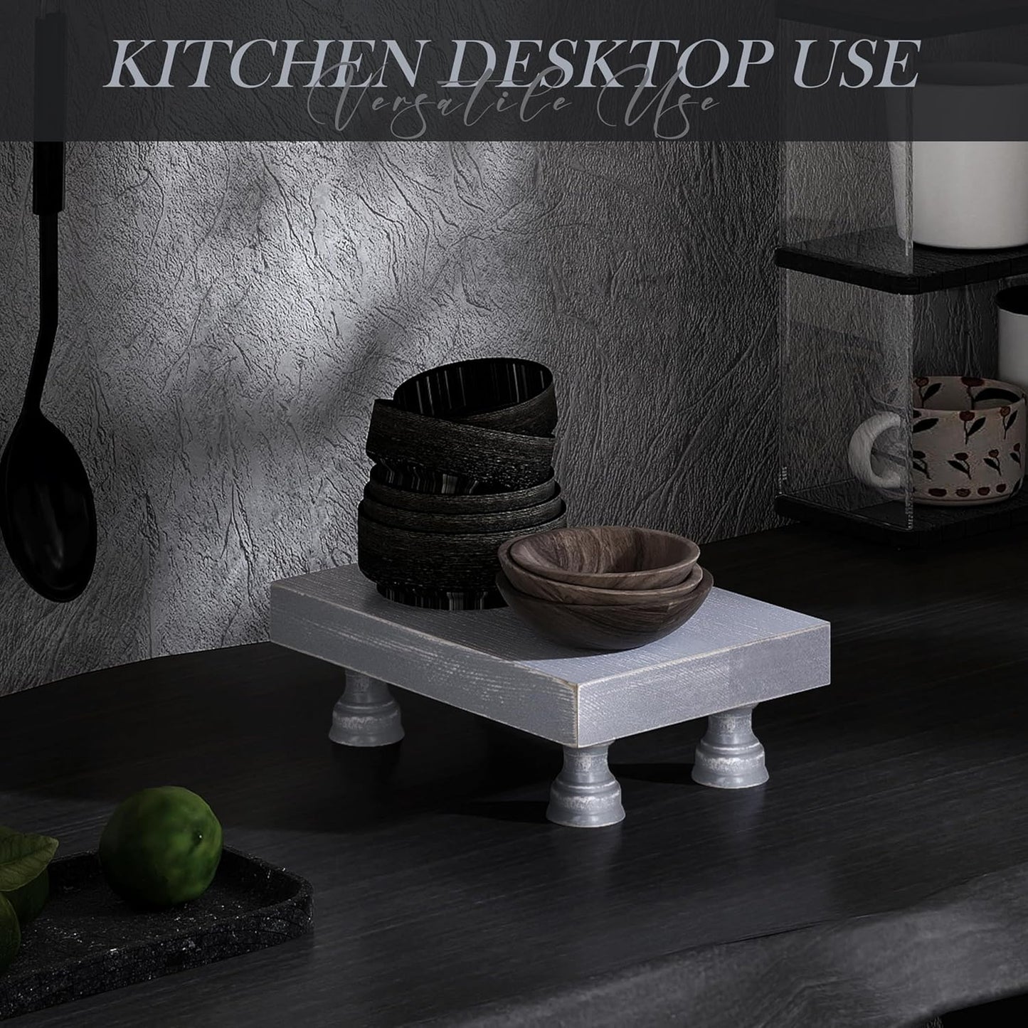 EOSAHR Pine Wood Risers for Decor for Kitchen Sink & Small Vanity - Versatile Risers Display Stands for Bathroom Decor - Chic Sponge Holder and Perfume Organizer (Gray, 8.5")