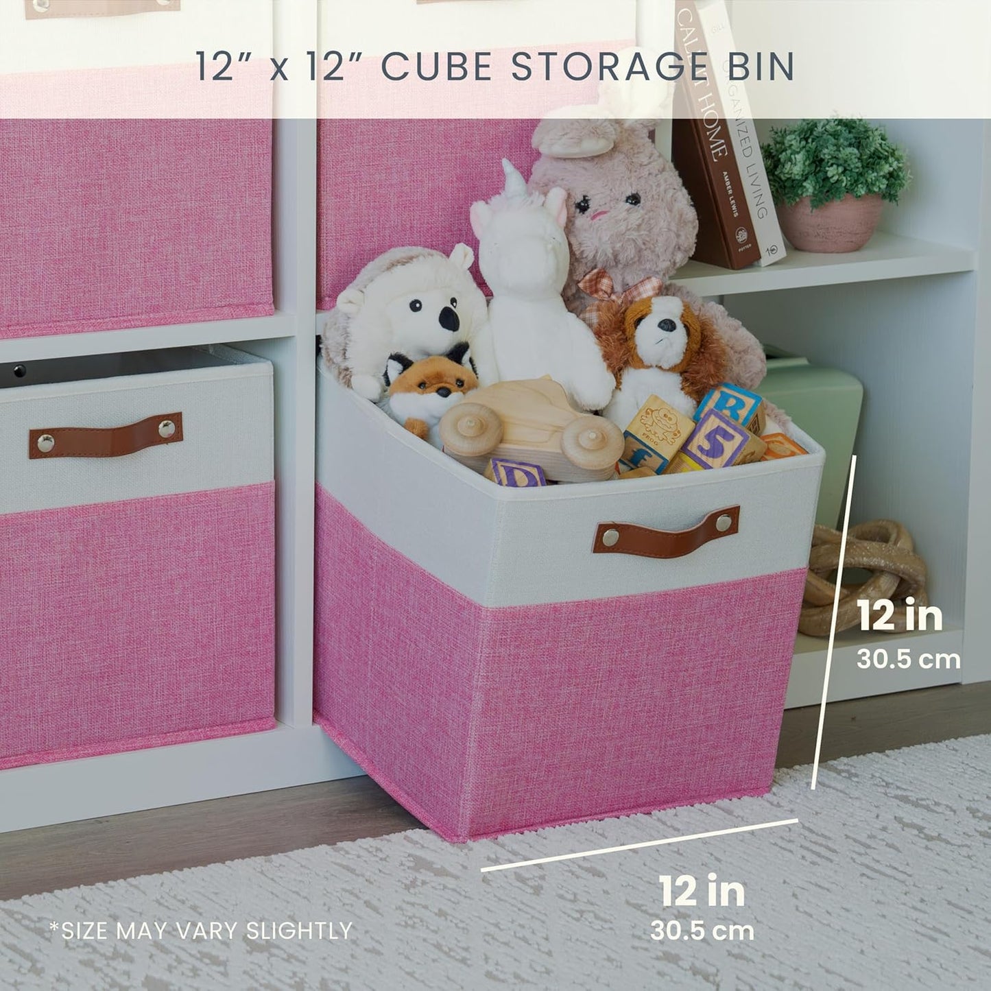OrganiHaus 12" x 12" x 12" Fabric Cube Storage Bins - Set of 4, Cube Fabric Organizer Bins with Vegan Handles, Kallax Storage Cubes, 12 Inch Cubic Baskets for Shelves - Pink/White