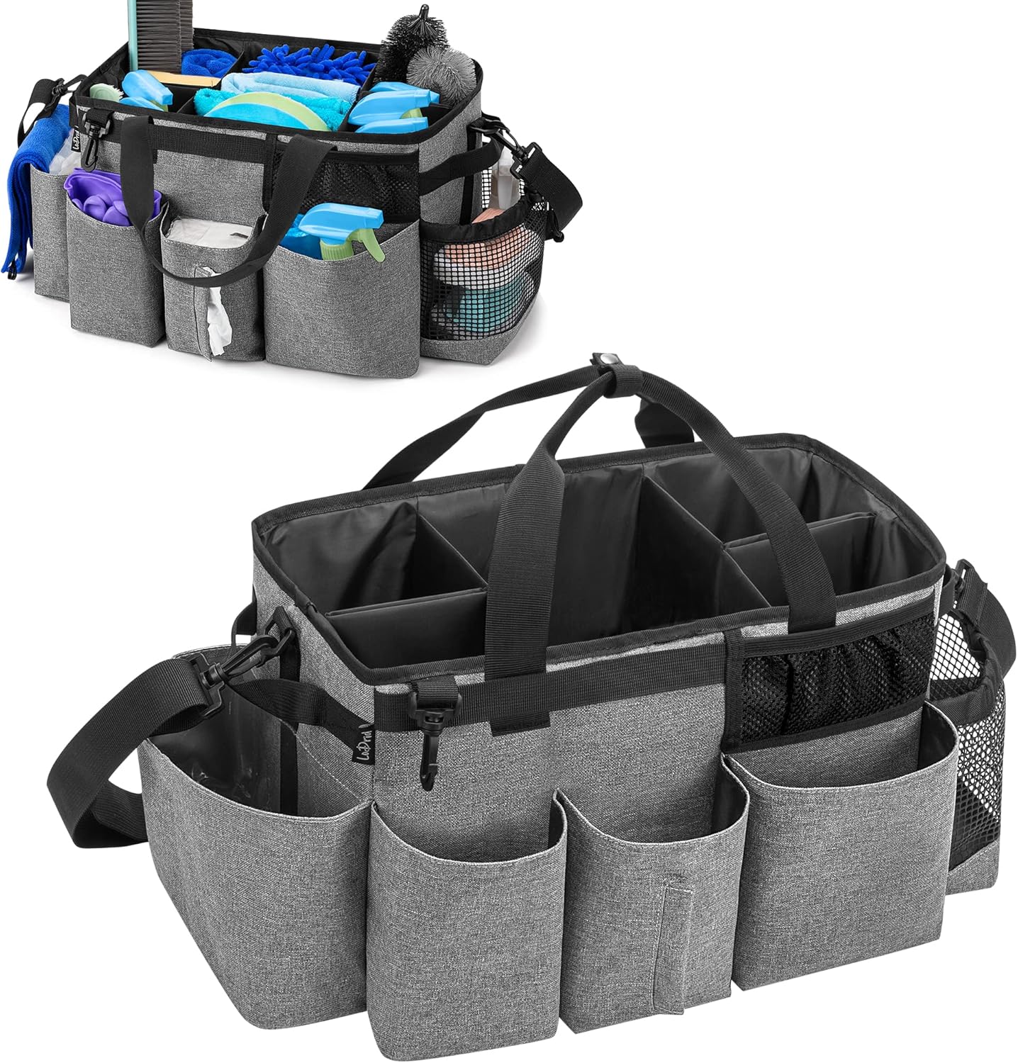 LoDrid Wearable Cleaning Caddy Bag with 4 Foldable Dividers, Cleaning Supply Organizer with Shoulder Strap and Side Handles for Cleaners & Housekeepers, Grey