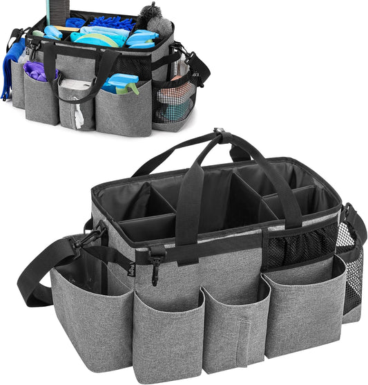 LoDrid Wearable Cleaning Caddy Bag with 4 Foldable Dividers, Cleaning Supply Organizer with Shoulder Strap and Side Handles for Cleaners & Housekeepers, Grey