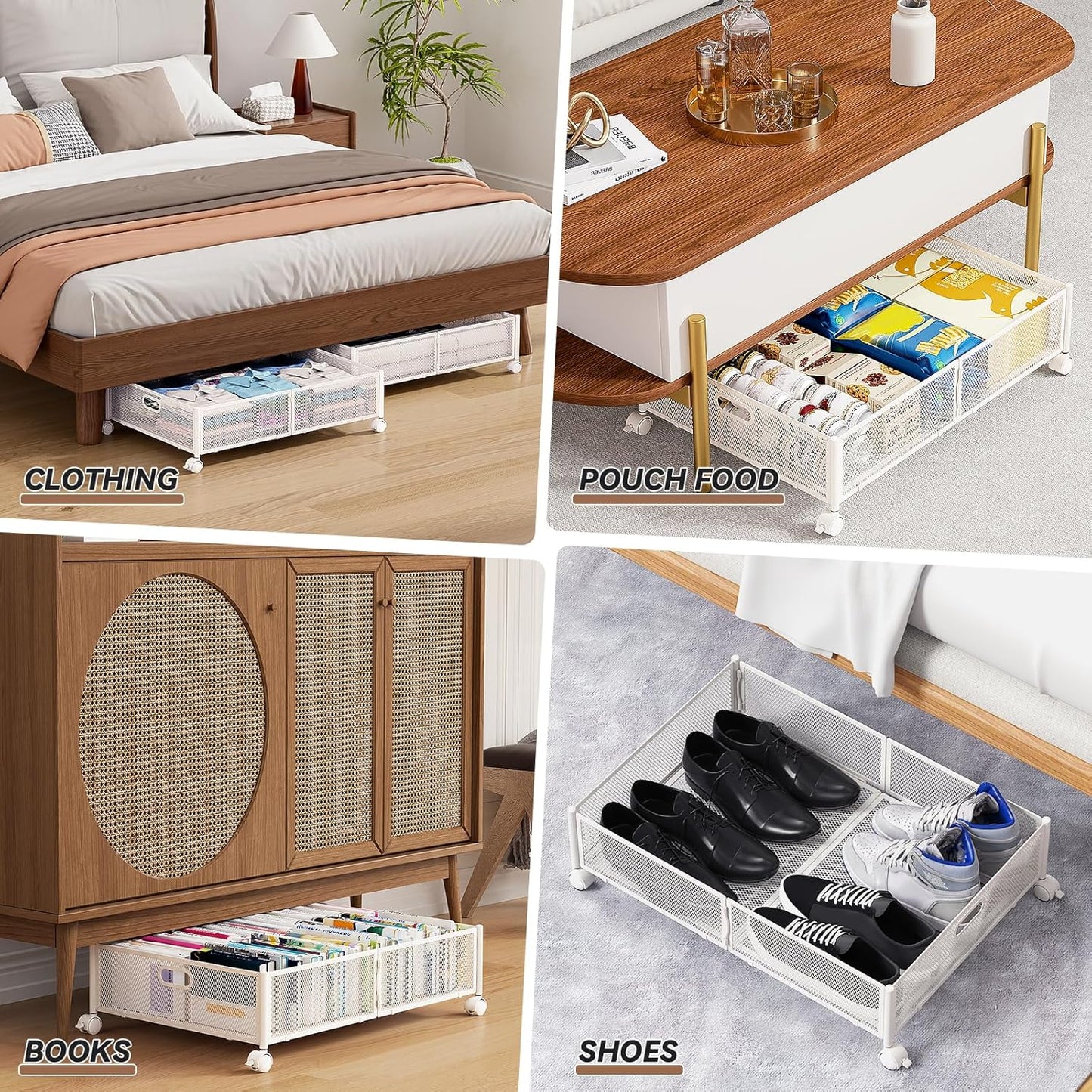 PHINOX Under Bed Storage with wheels, Under the Bed Storage Containers,Upgrade Crossed Iron Wire, Metal Rolling Underbed Storage Containers for Bedroom Clothes Shoes Blankets-2 Pack,White