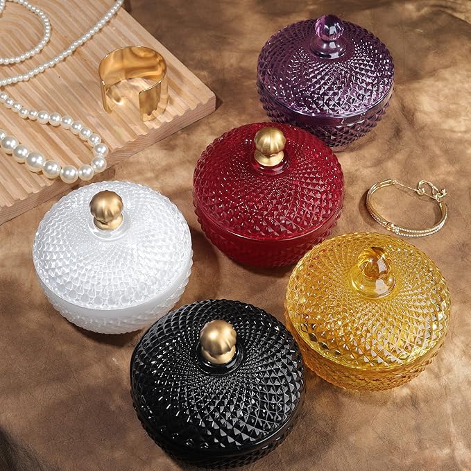 Joeyan 12 oz Small Amber Glass Jars with Lid,Embossed Glass Candy Dishes,Diamond Faceted Food Container,Decorative Jewelry Box Apothecary Canisters,Colored Kitchen Bathroom Buffet Storage Organizer