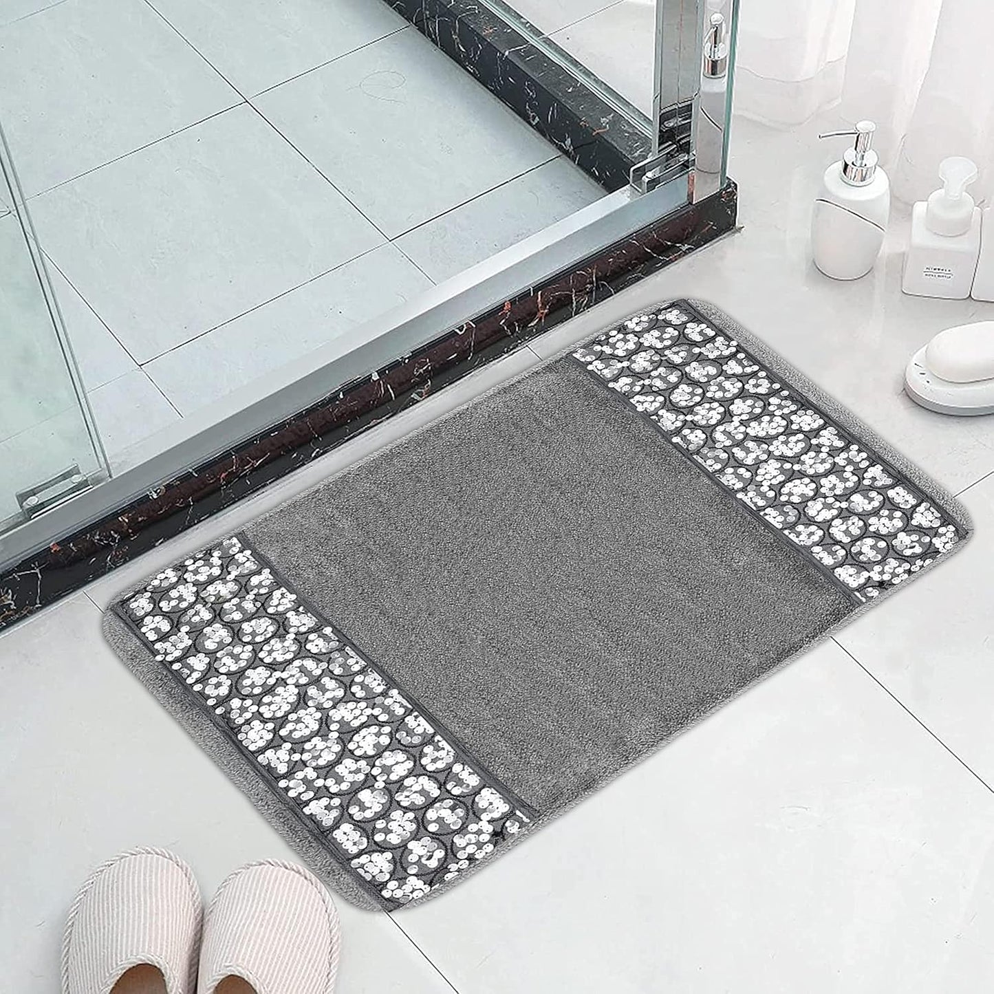 Zahari Home Sinatra Modern Bathroom Rug Classic Luxury Bath Rug Contemporary Decor Silver Bath Mat for Shower Unique Design Stylish Bathroom Rug Bath Shower Tub Decor Bling Silver
