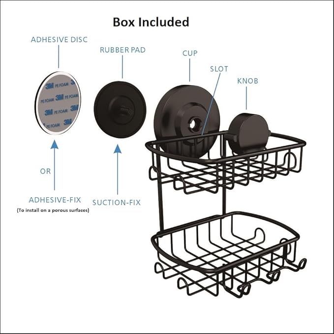 Soap Dish for Shower Suction Cup Powerful Vacuum System Rustproof 304 Stainless Steel Basket Sponges Holder with Razor Hooks for Bathroom or Kitchen Soap Holder, 2 Tier (Black)