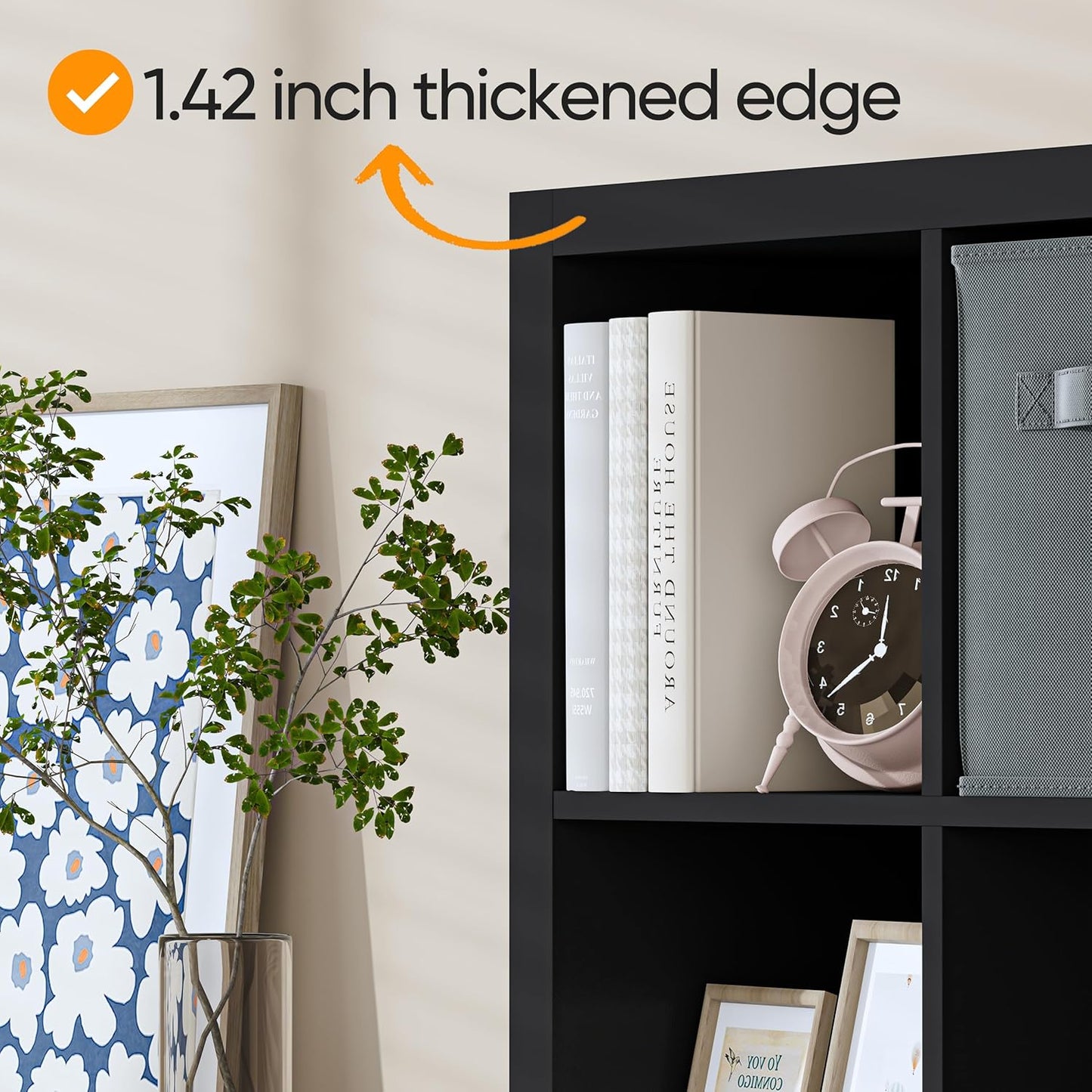 Bookshelf with Storage Bins, 9-Cube Storage Organizer Sturdy Wooden Bookcase Open Book Shelf, Multifunctional Cubicle Rack for Storage & Display, Furniture for Living Room Bedroom Office, Black