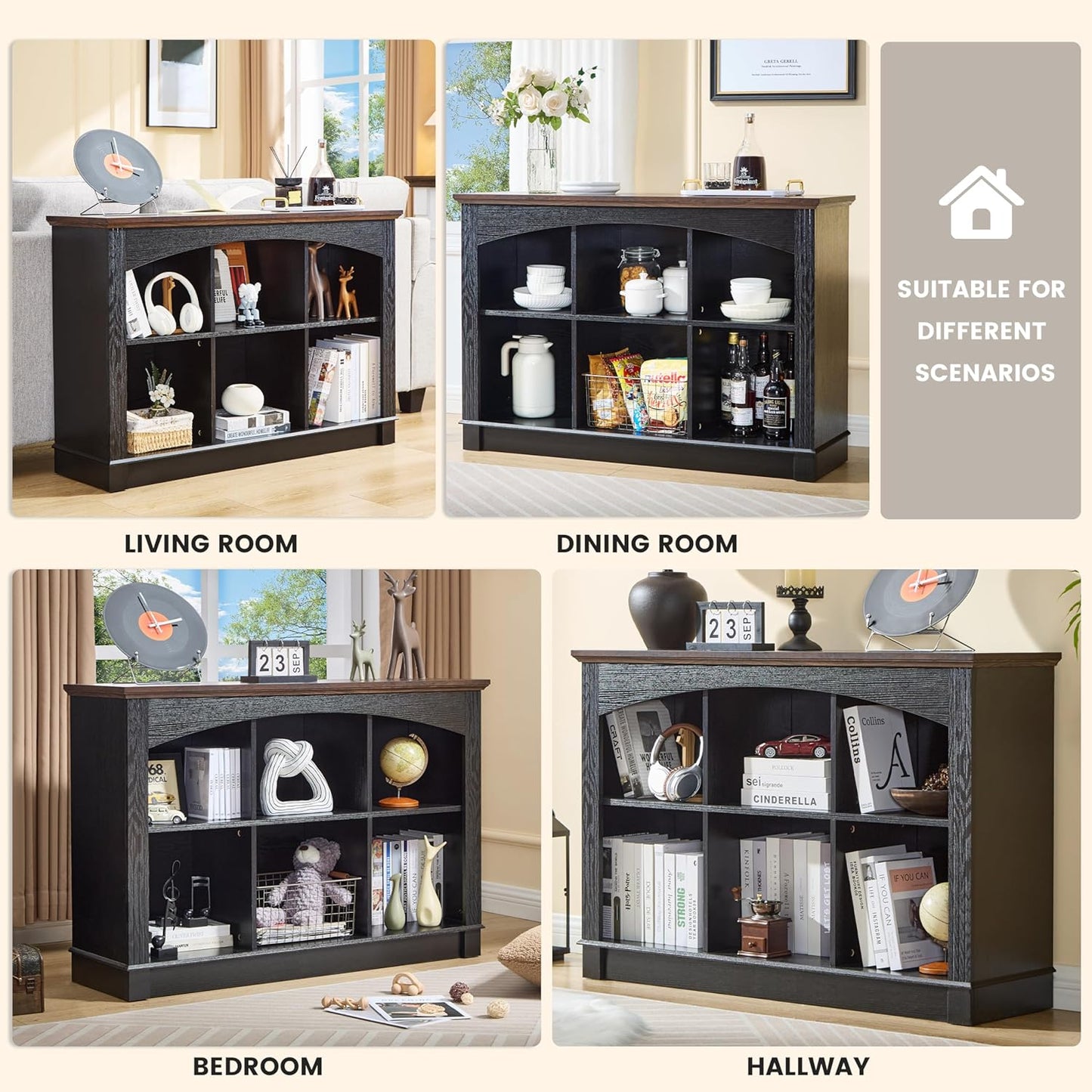 Black Bookshelf, 6-Cube Bookcase and Kids Bookshelf, Wooden Storage Cabinet with Cube Organizer, Modern Book Shelf for Bedroom Furniture, Living Room, Office Storage, Toy Organizer, Display Cabinet